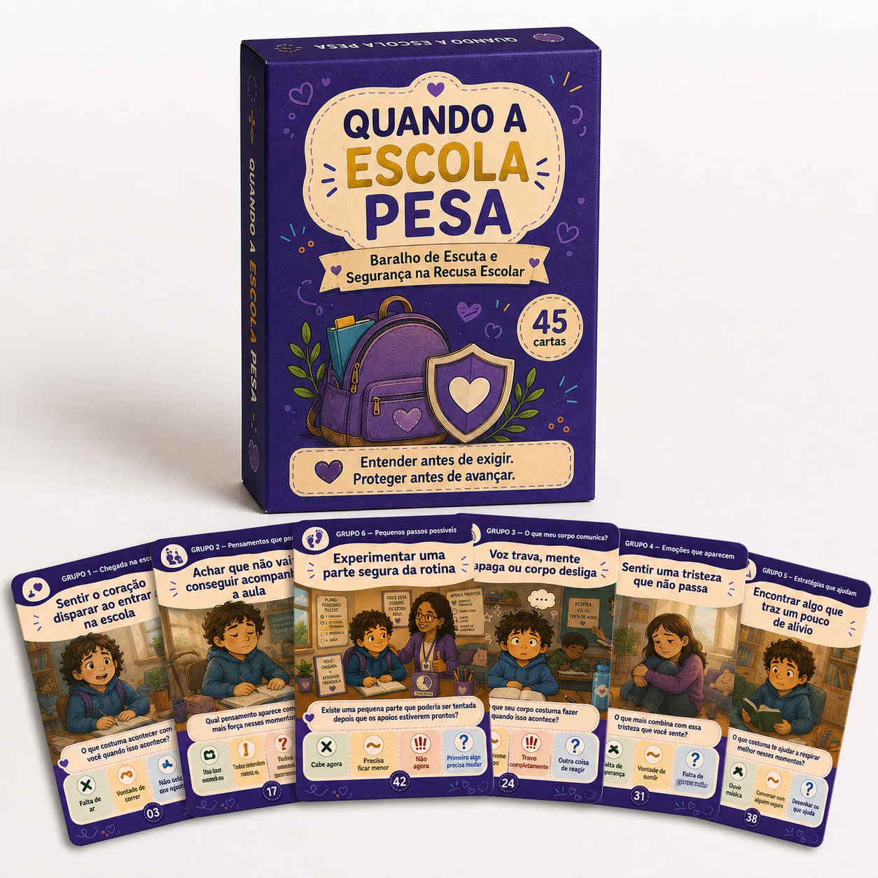 Caixa do baralho Quando a Escola Pesa com cartas ilustradas em leque