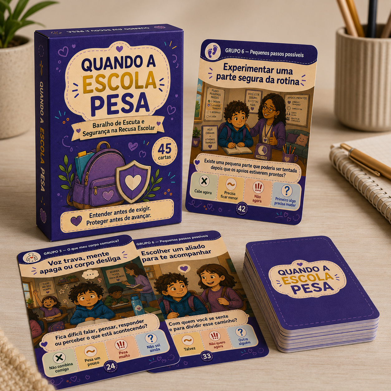 Caixinha, cartas espalhadas e guia de uso